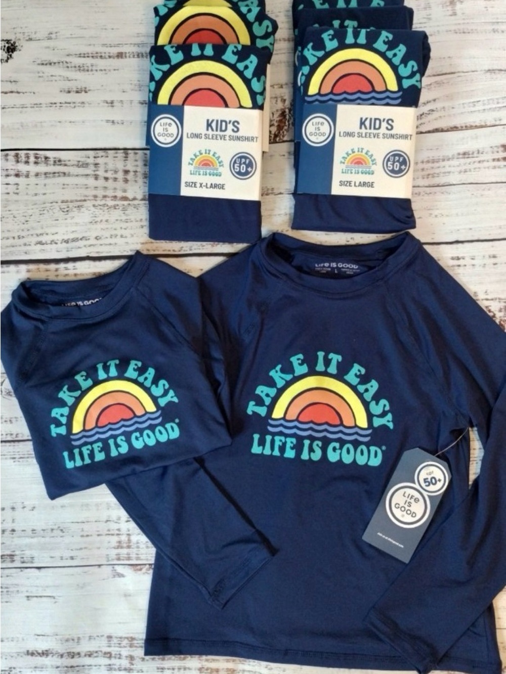 Life Is Good Kids Navy Long Sleeve Sunshirt with Rainbow Graphic